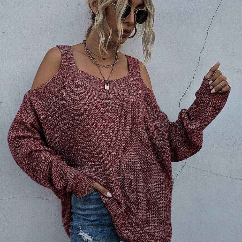 charcoal oversized cold shoulder knit fall sweater - Picture 5 of 11